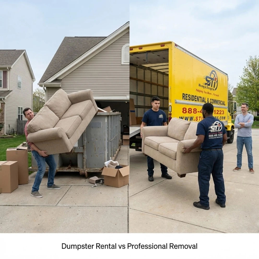 Comparison of dumpster rental versus professional junk removal service showing DIY lifting and assisted furniture removal by STI Movers