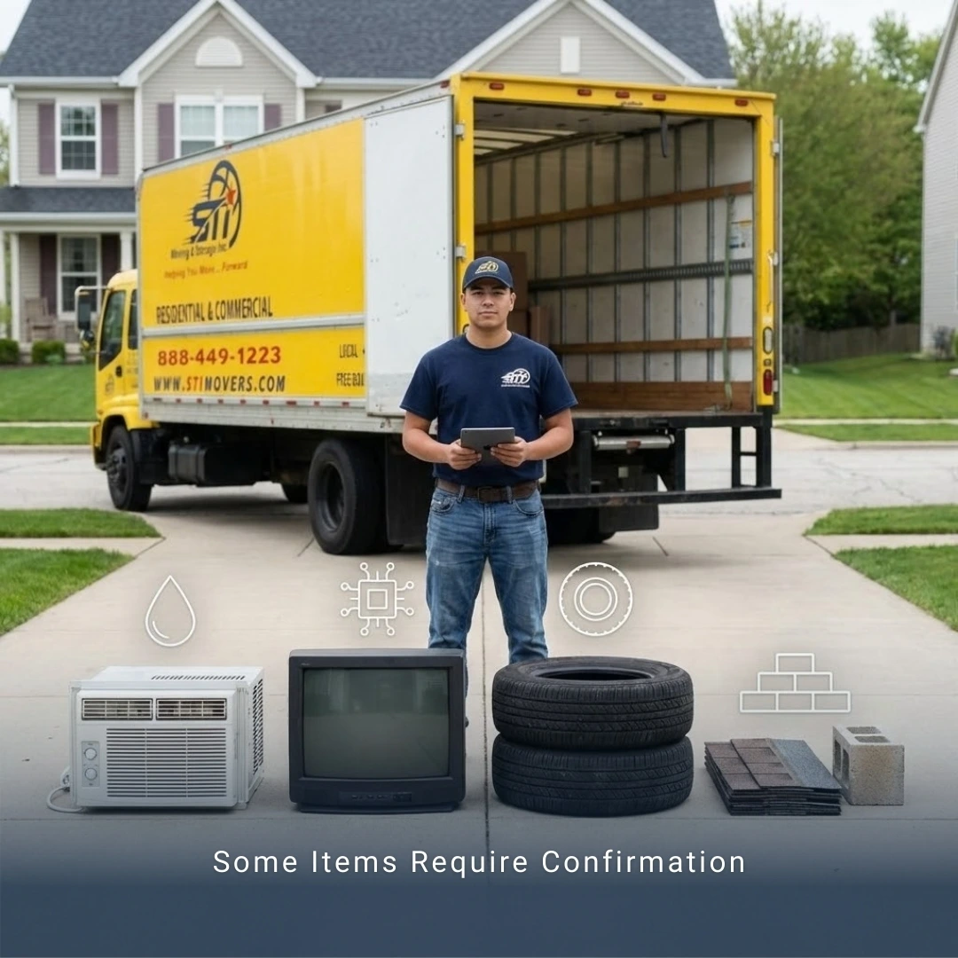 STI Movers confirming restricted junk removal items including appliances, electronics, tires, and construction debris before disposal