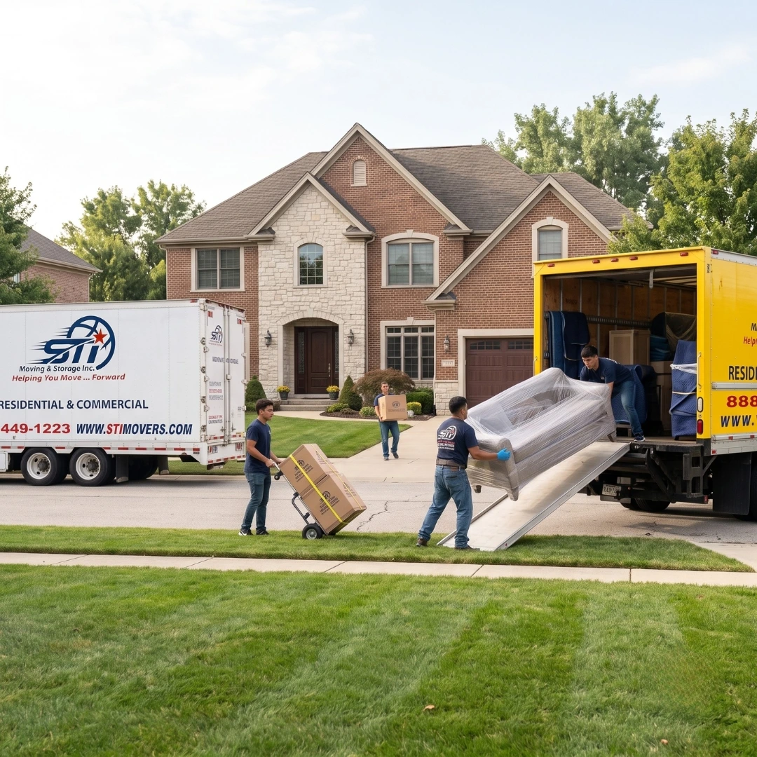 STI Moving & Storage movers packing and loading a Chicago home with local and long-distance moving trucks