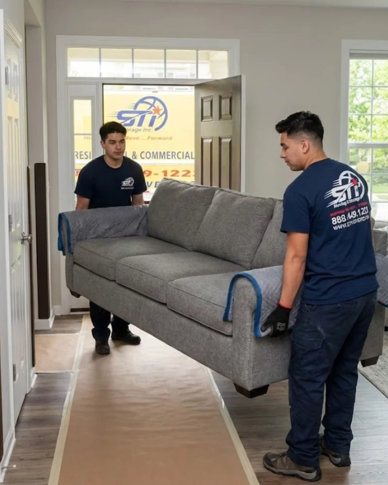 Professional movers from STI Moving & Storage handling in-home furniture removal and full-service moving with careful lifting and floor protection